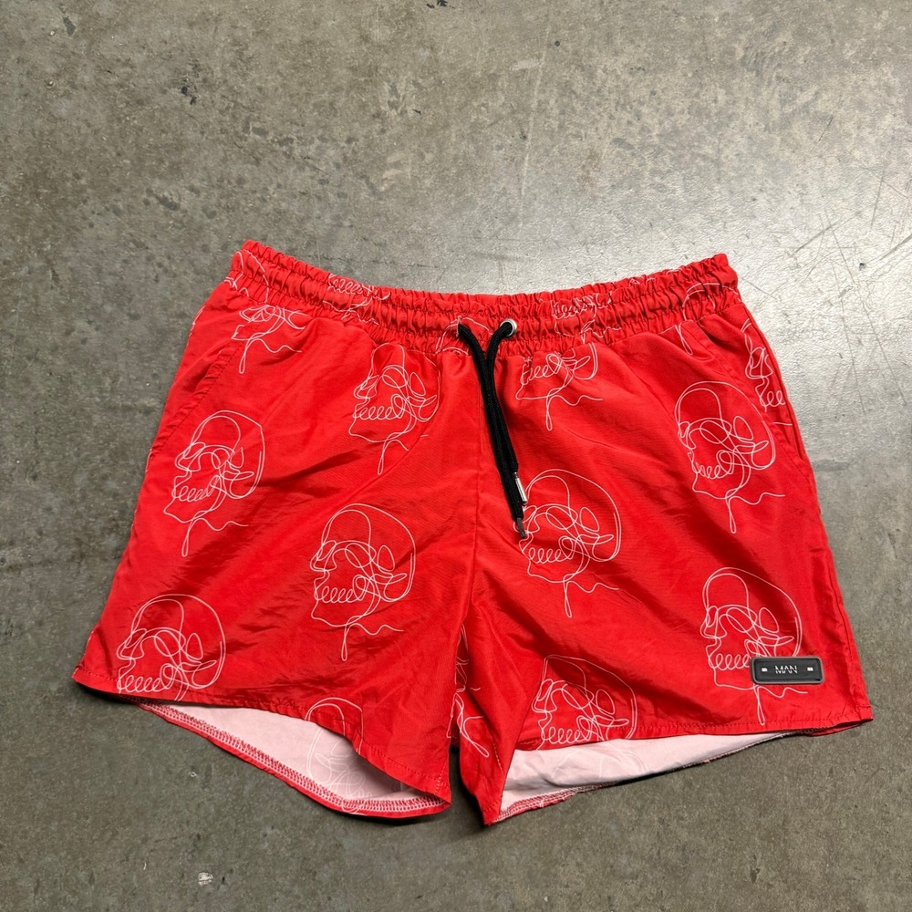 boohooMAN Mens Red Skull Line Art Swim Trunks Shorts Size Small Mesh Lined 2497